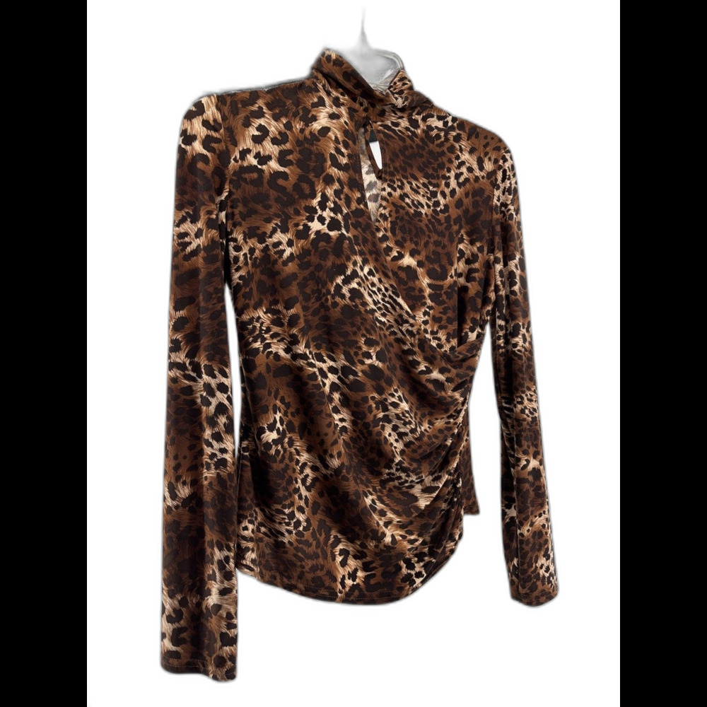 joseph ribkoff leopord print womens faux wrap keyhole top size 6 US